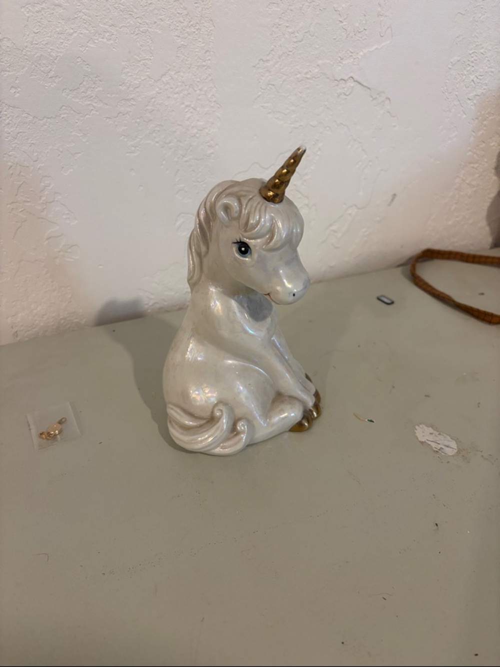 Vintage Pearlescent White Unicorn Figurine with Gold Accents